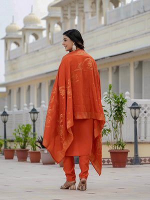 Hanch Premium Roman Silk Embroidered Straight Kurti Set – Orange