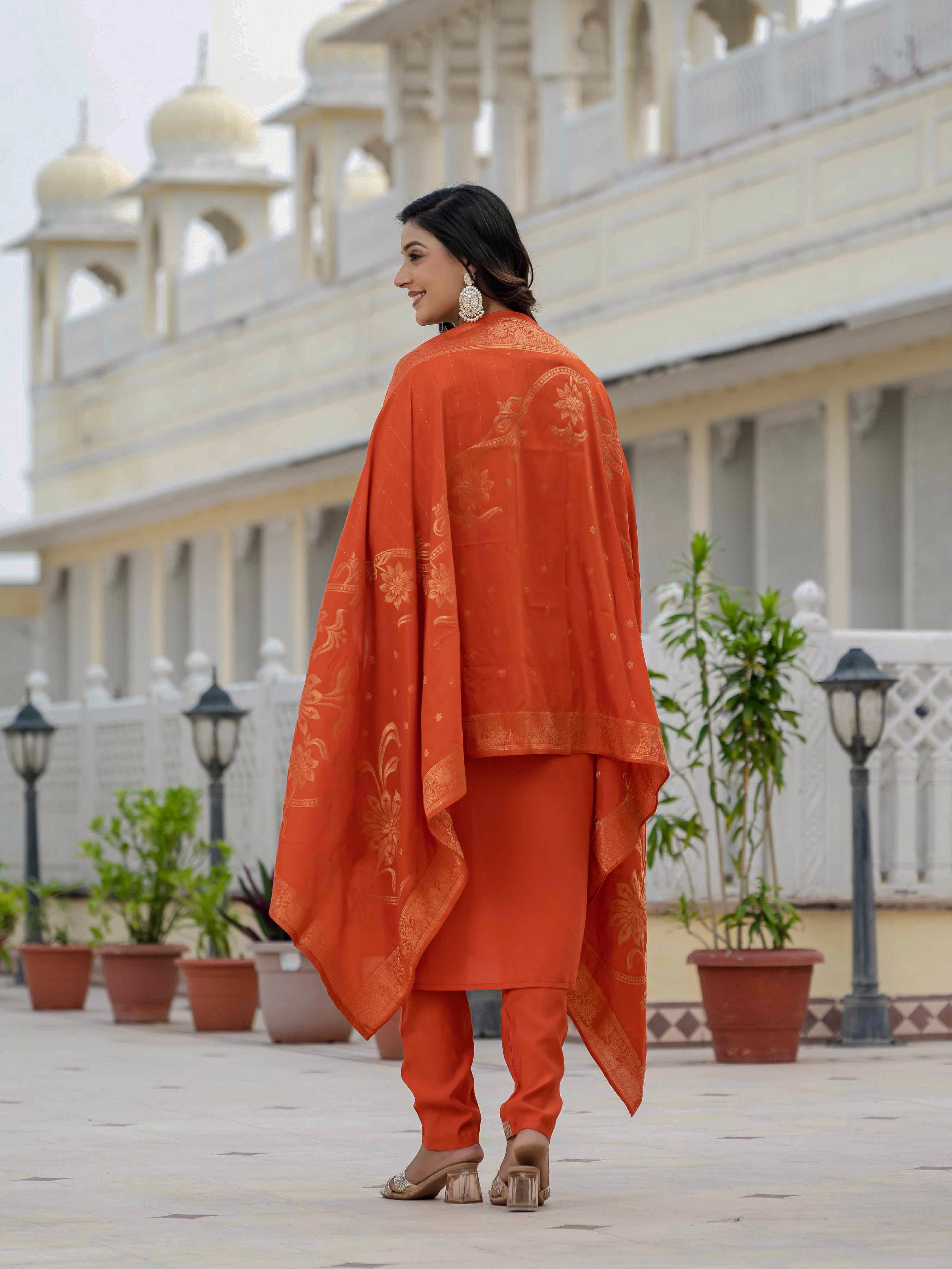 Hanch Premium Roman Silk Embroidered Straight Kurti Set – Orange