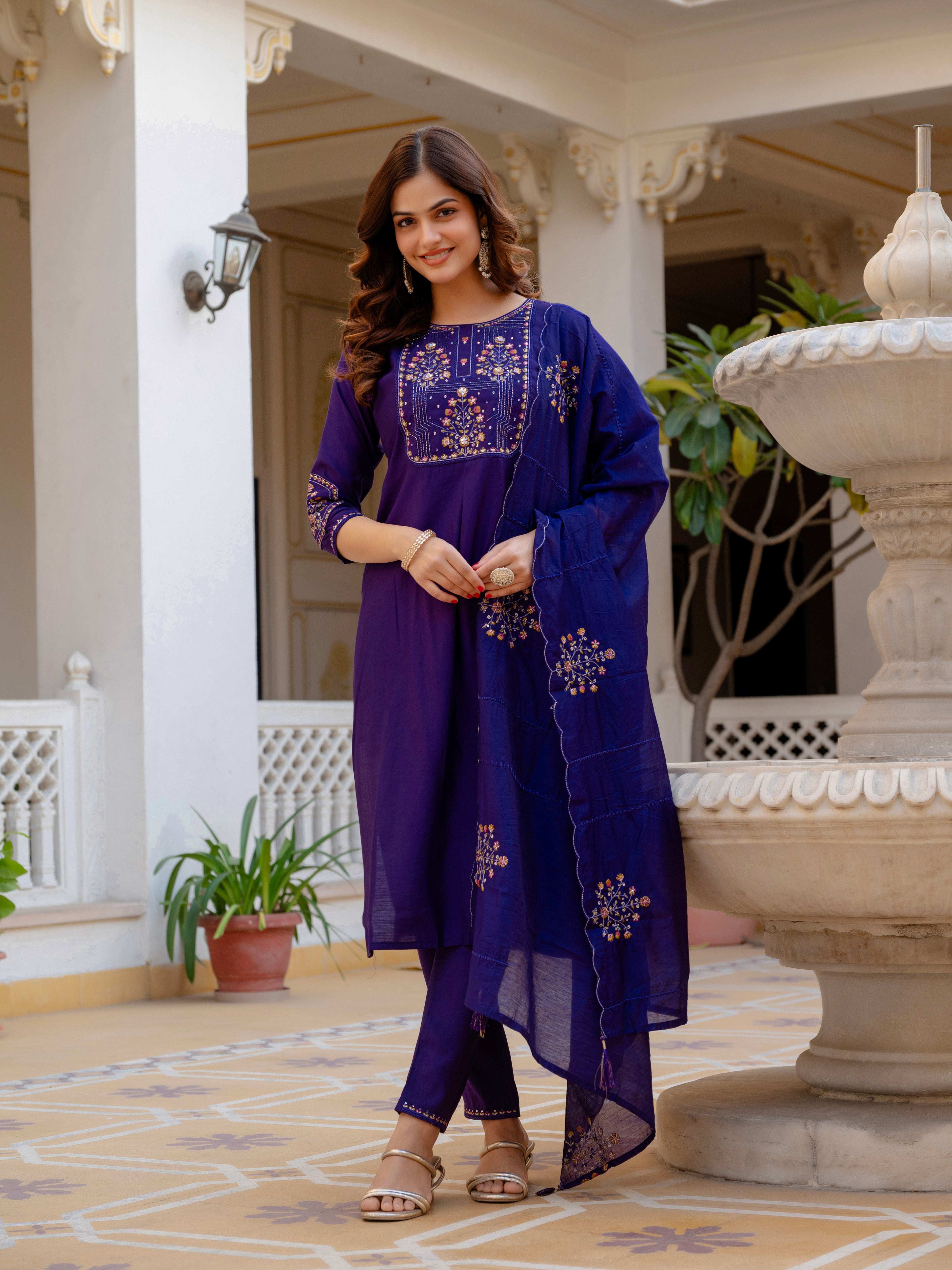 Hanch Pure Viscose Mango Silk Embroidered Straight Kurti Set – Violet