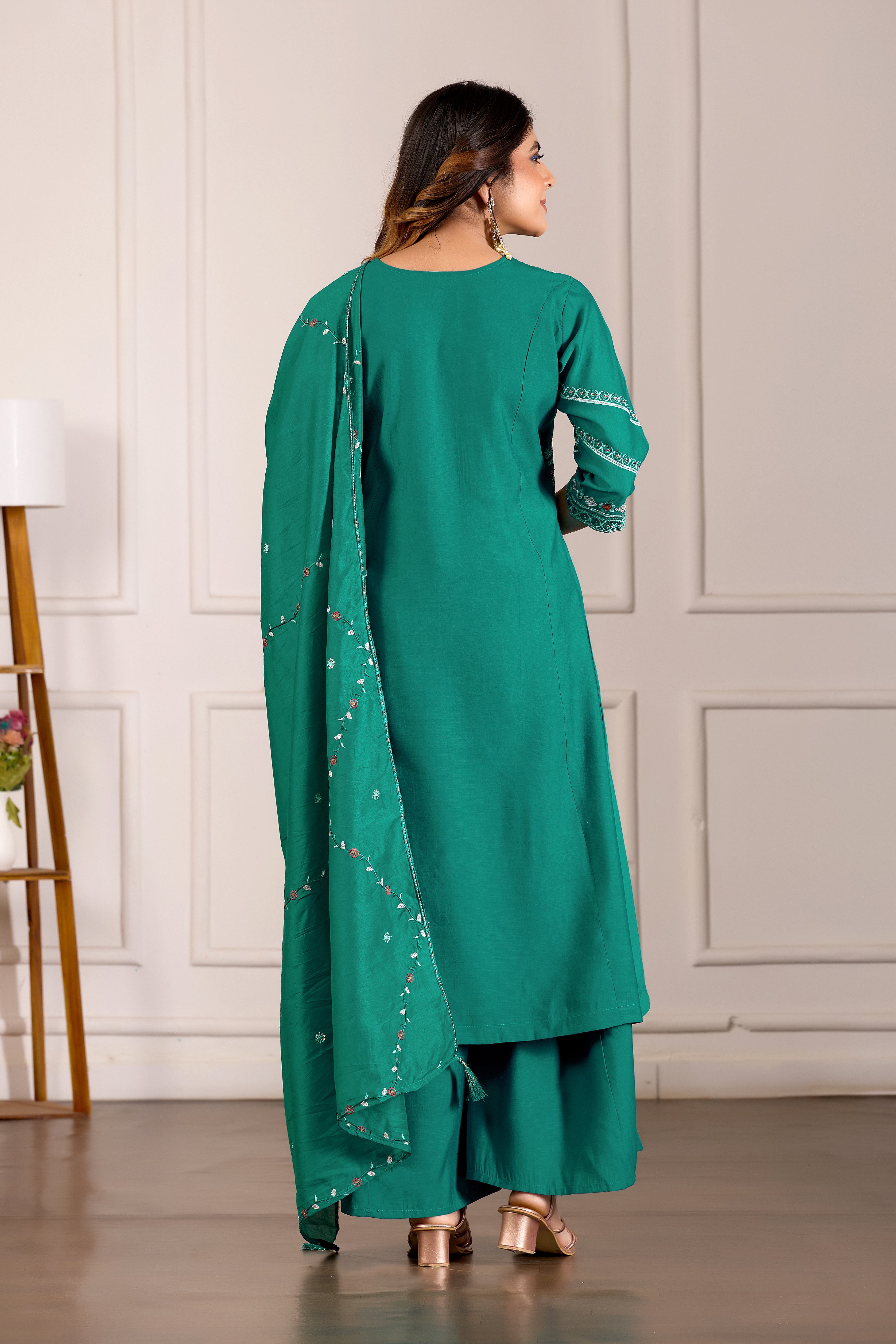 Hanch Viscose Mango Silk Embroidered Anarkali Kurti Set – Rama Green