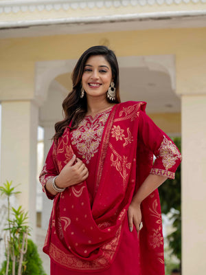 Hanch Premium Roman Silk Embroidered Straight Kurti Set – Maroon