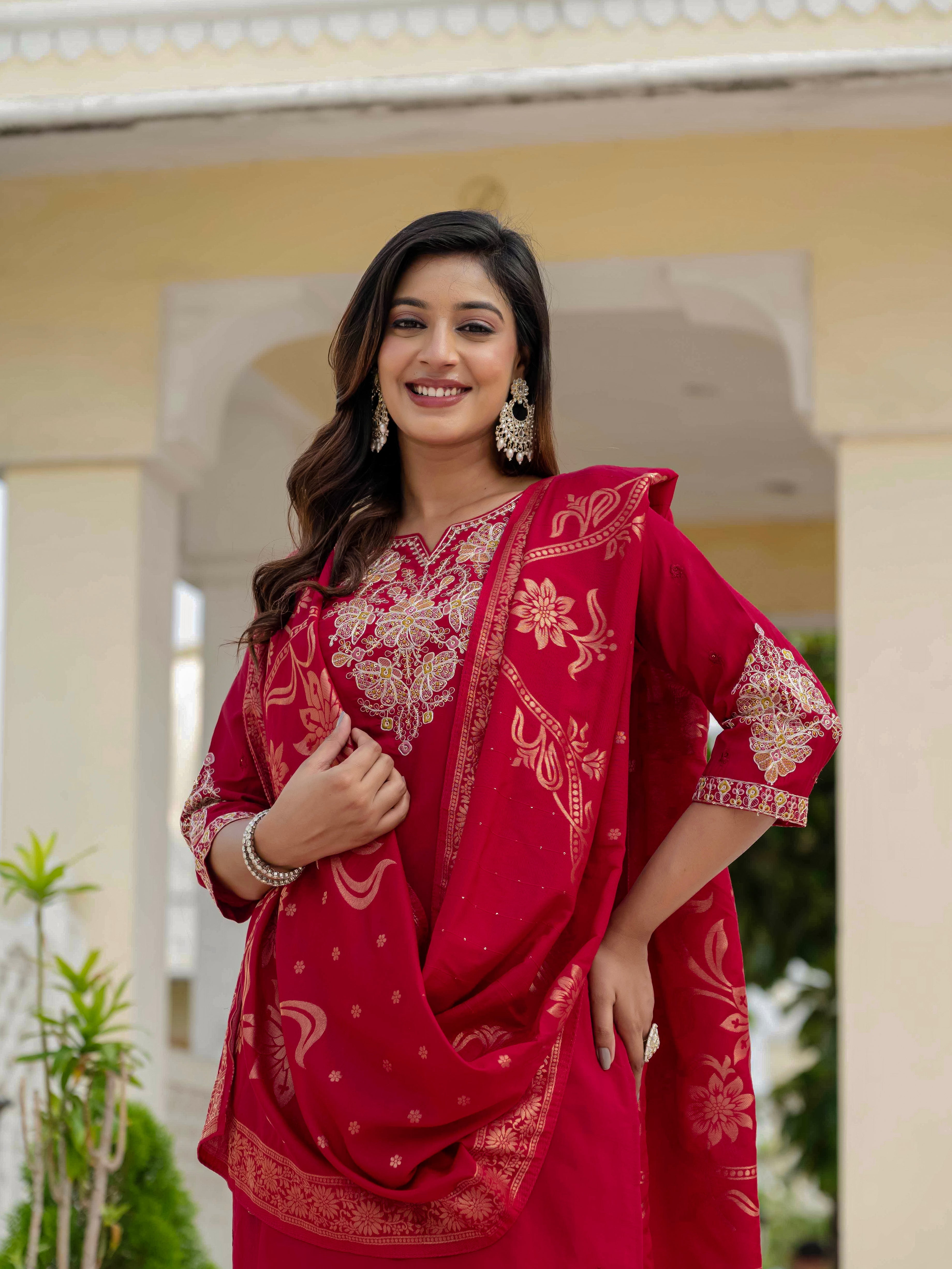 Hanch Premium Roman Silk Embroidered Straight Kurti Set – Maroon