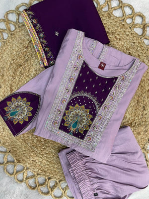 Hanch Roman Silk Embroidered Anarkali Kurti Set – Light Lovender