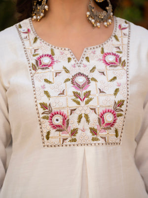 Hanch Pure Viscose Mango Silk Embroidered Straight Kurti Set – White