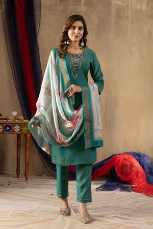 Hanch Shimmer Gold Silk Embroidered Straight Kurti Set – Rama Green