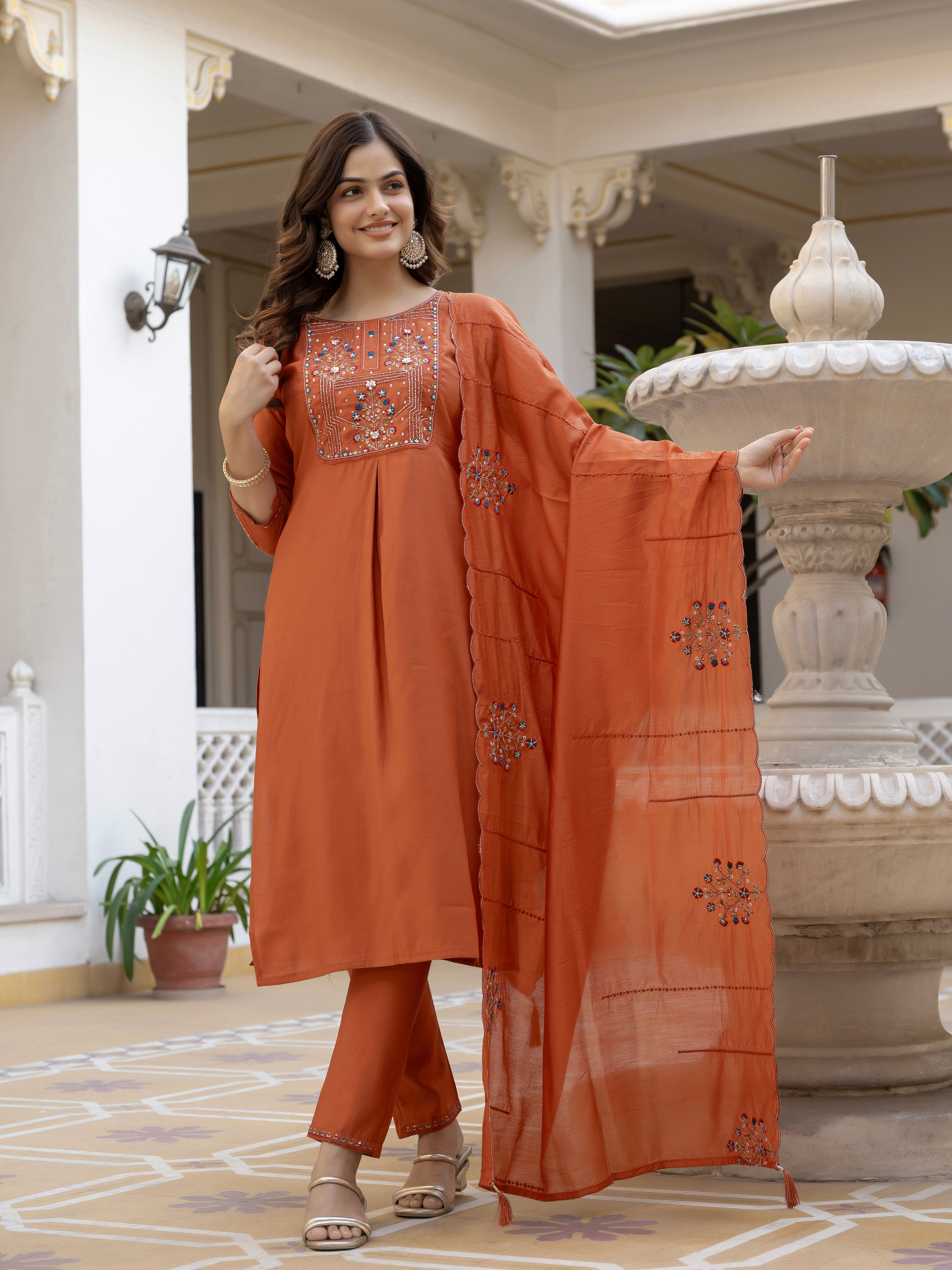 Hanch Pure Viscose Mango Silk Embroidered Straight Kurti Set – Rust