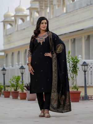 Hanch Premium Roman Silk Embroidered Straight Kurti Set – Black