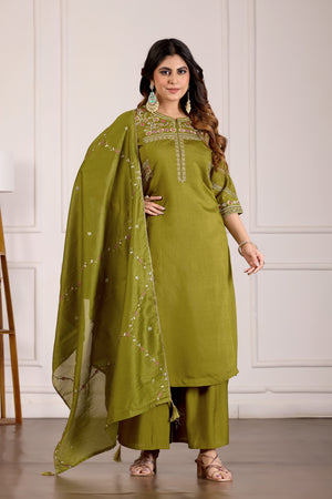 Hanch Viscose Mango Silk Embroidered Anarkali Kurti Set – Mahendi Green