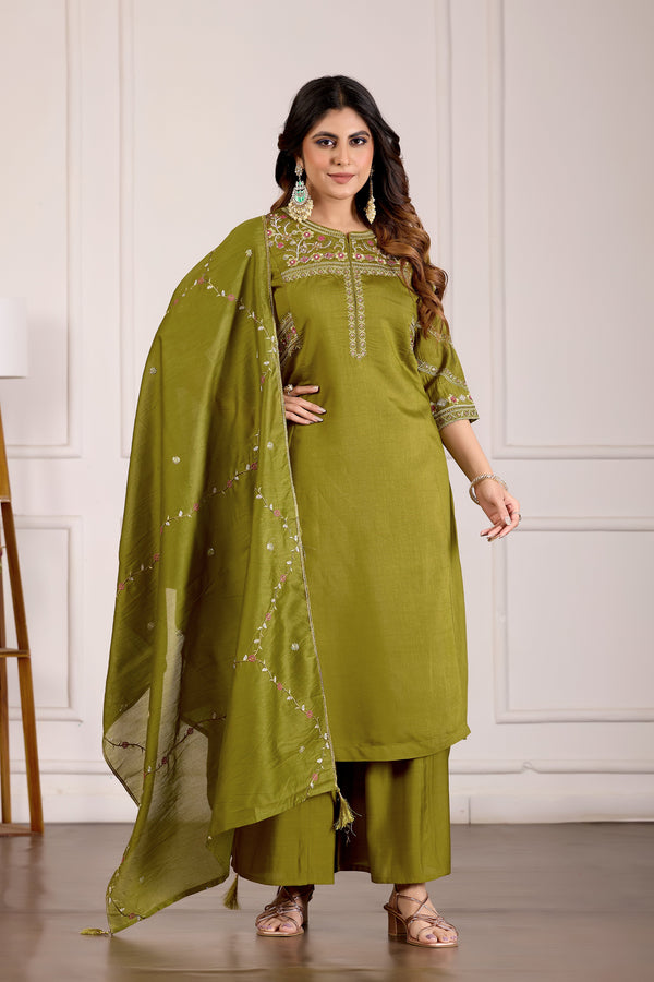 Hanch Viscose Mango Silk Embroidered Anarkali Kurti Set – Mahendi Green
