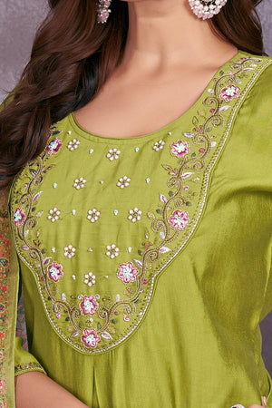 Hanch Premium Marina Silk Embroidered Straight Kurti Set – Parrot Green