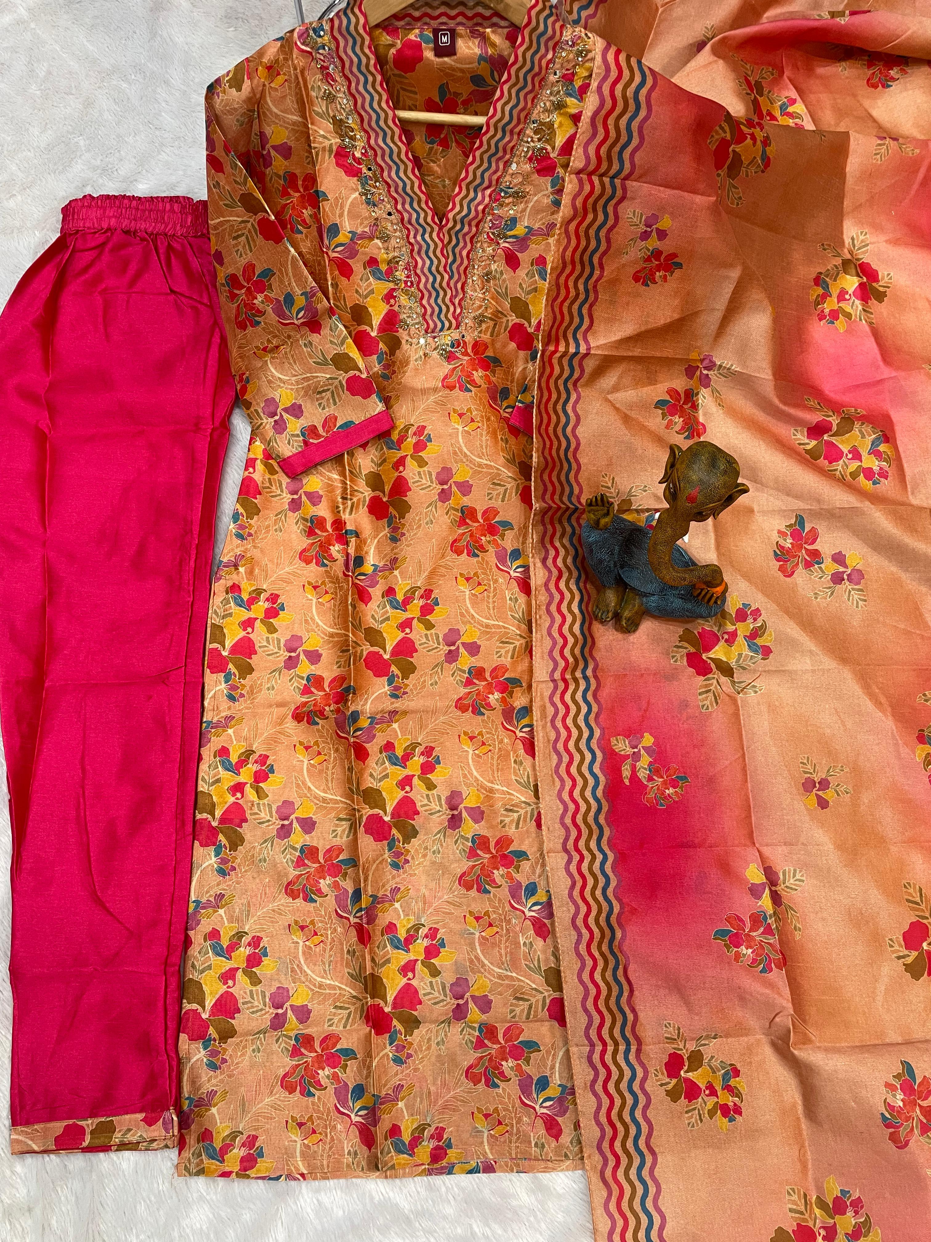 Hanch Zarna Silk Embroidered Straight Kurti Set – Peach Pink