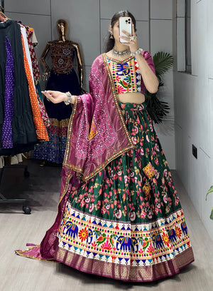 Navratri Green Floral Dola Lehenga Set - Blouse Unstitched