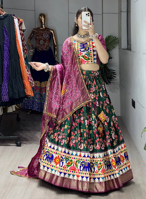 Hanch Navratri Green Floral Dola Lehenga Set - Blouse Unstitched