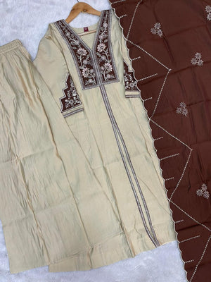 Hanch Roman Silk Embroidered Anarkali Kurti Set – Cream