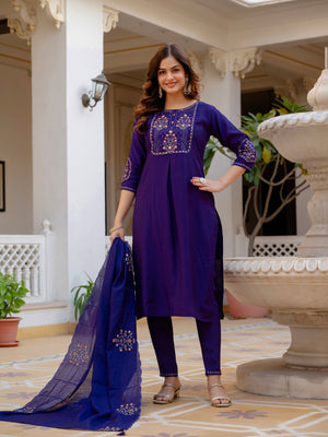 Hanch Pure Viscose Mango Silk Embroidered Straight Kurti Set – Violet