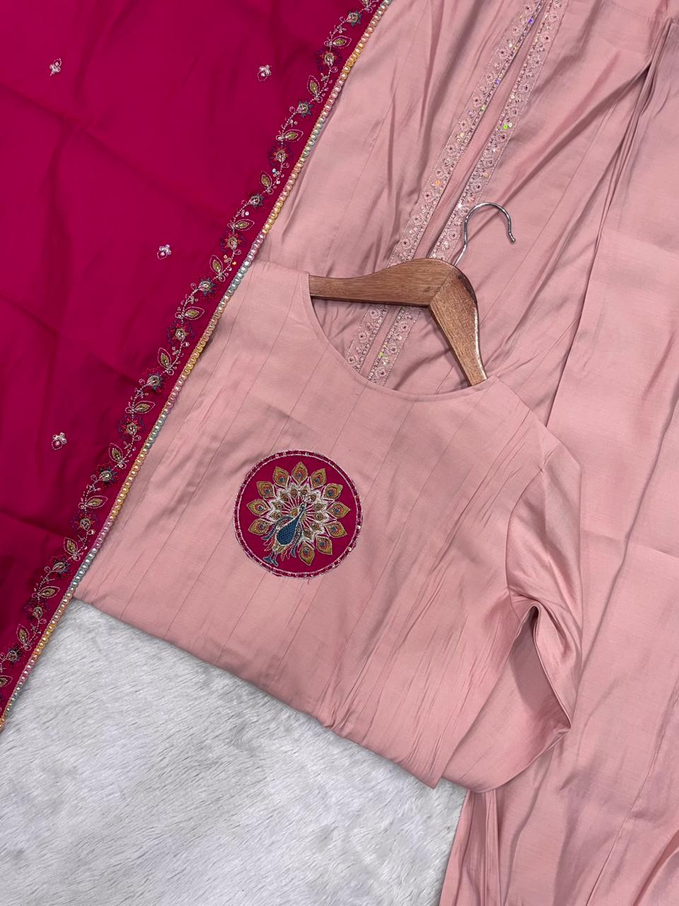 Hanch Roman Silk Embroidered Anarkali Kurti Set – Peach