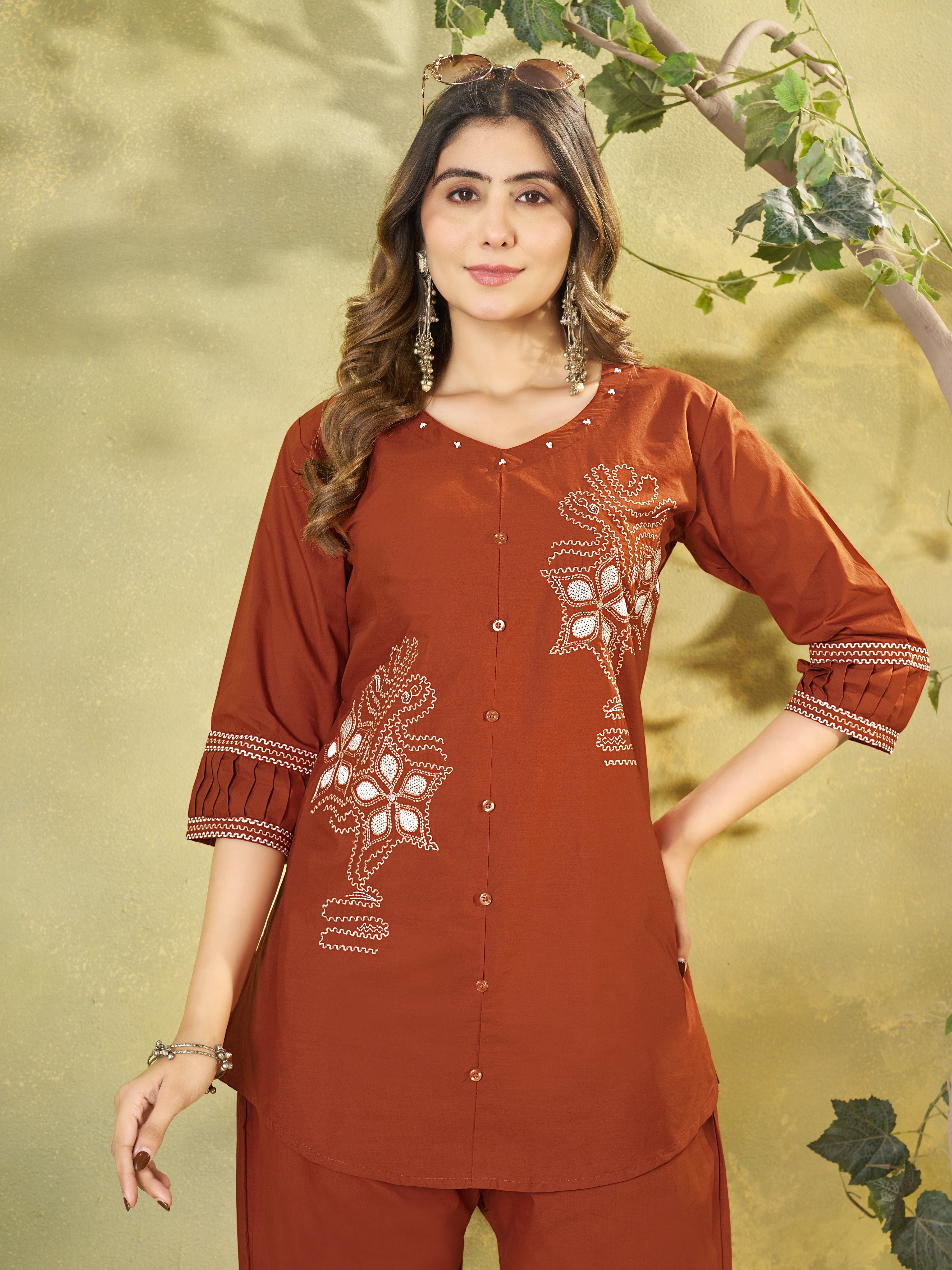 Hanch Pure Cotton Embroidered Co-Ords Set – Rust