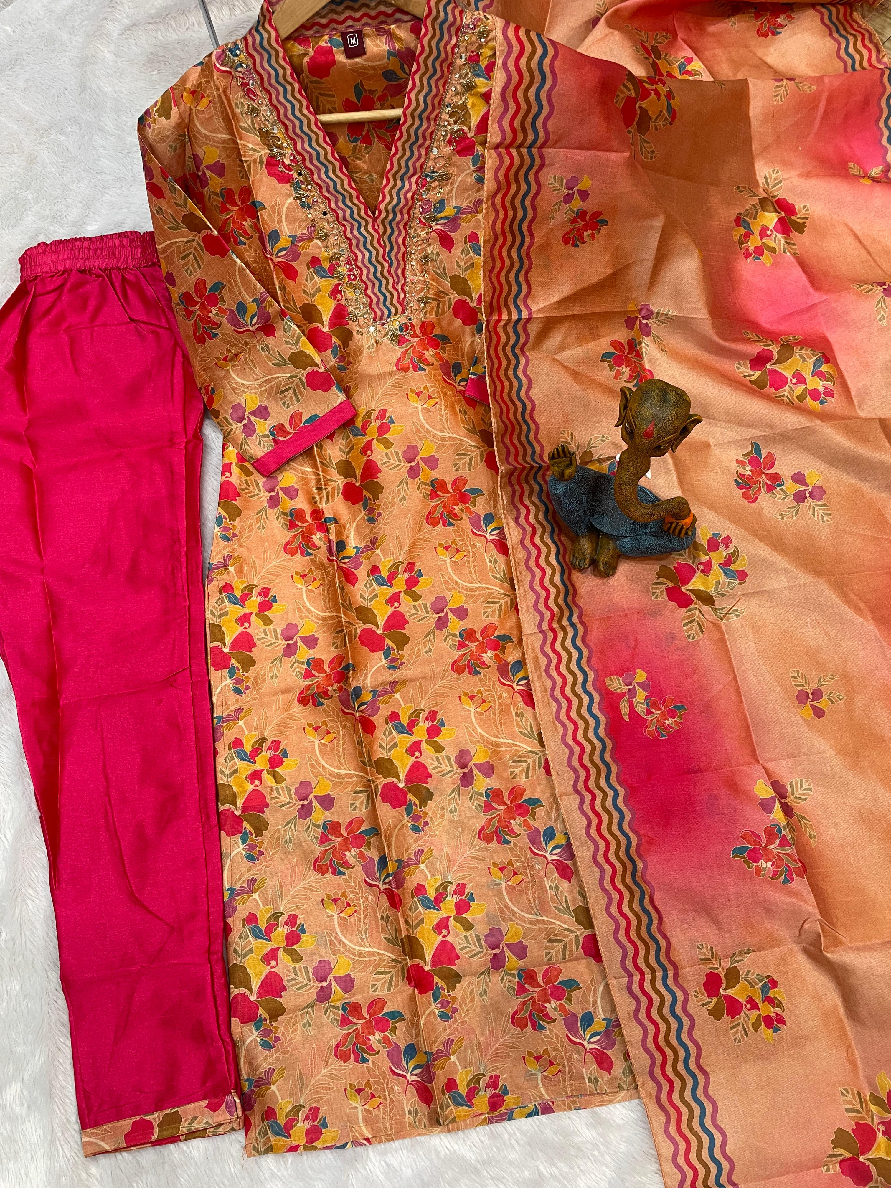 Hanch Zarna Silk Embroidered Straight Kurti Set – Peach Pink