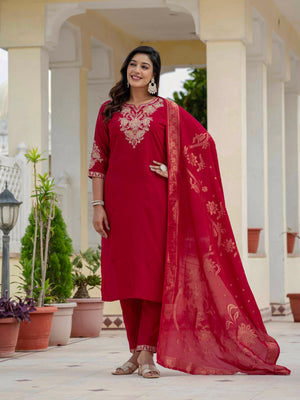 Hanch Premium Roman Silk Embroidered Straight Kurti Set – Maroon