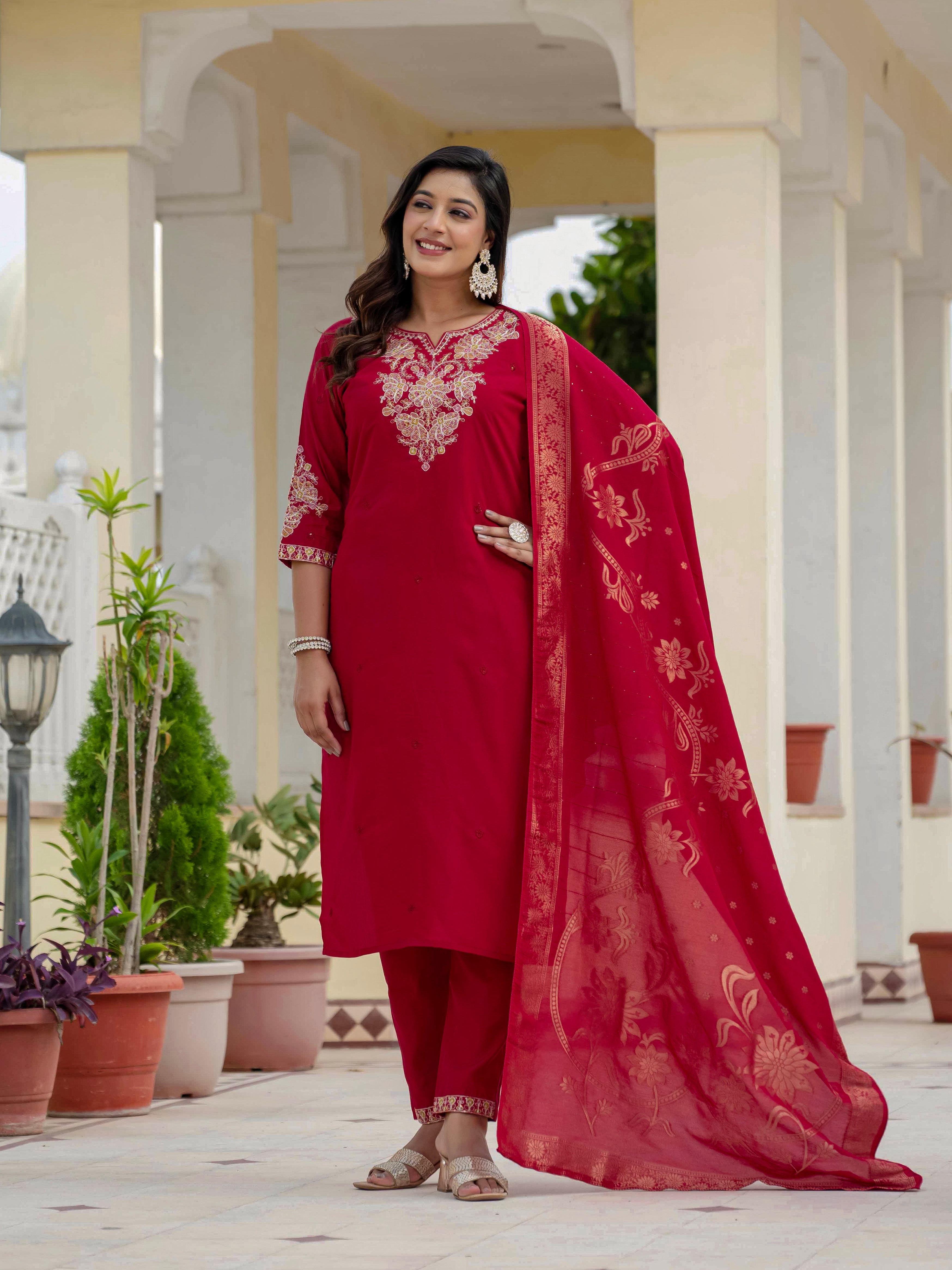 Hanch Premium Roman Silk Embroidered Straight Kurti Set – Maroon