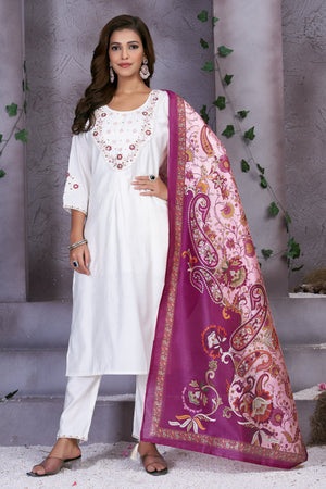 Hanch Premium Marina Silk Embroidered Straight Kurti Set – White