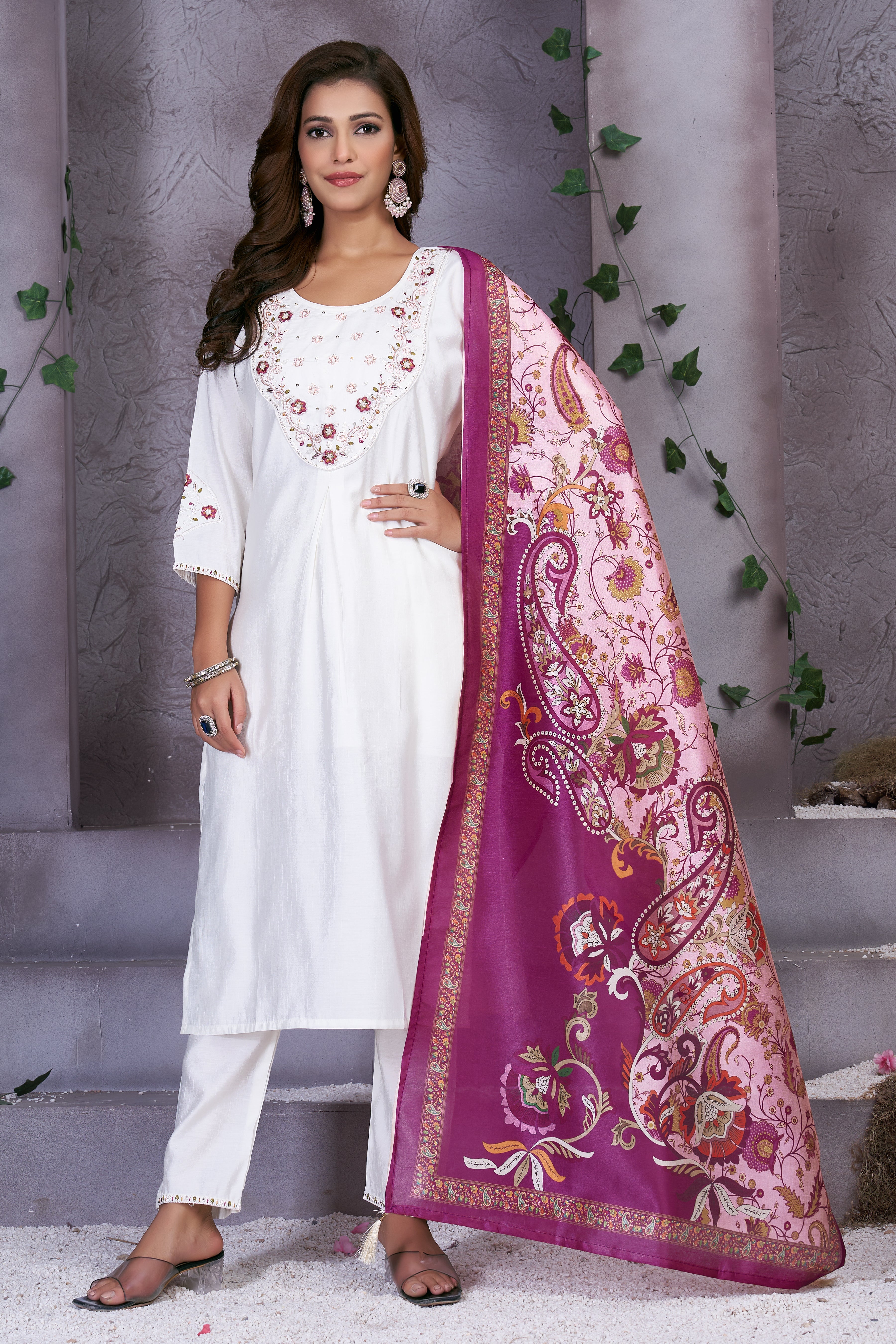 Hanch Premium Marina Silk Embroidered Straight Kurti Set – White