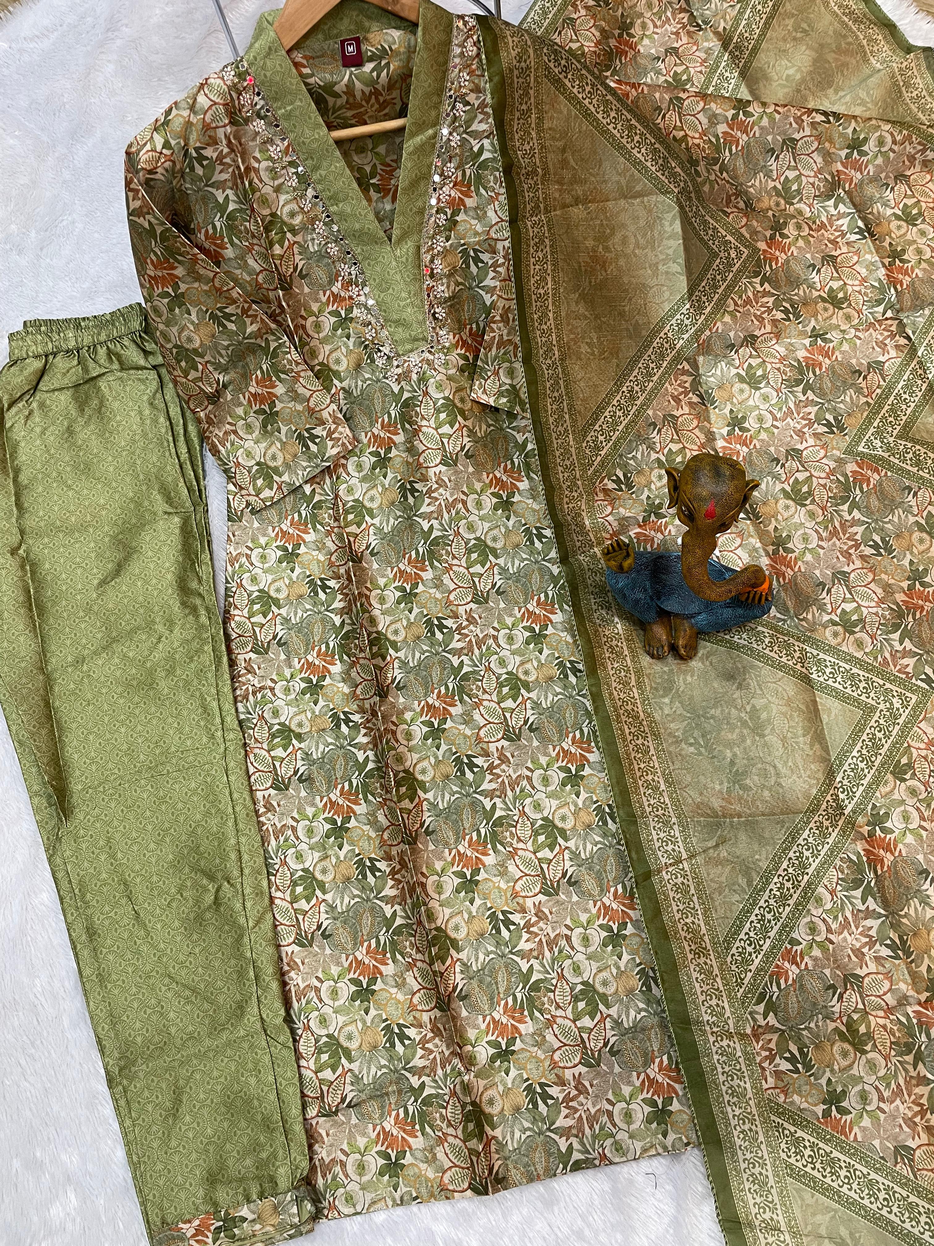 Hanch Zarna Silk Embroidered Straight Kurti Set – Sage Green
