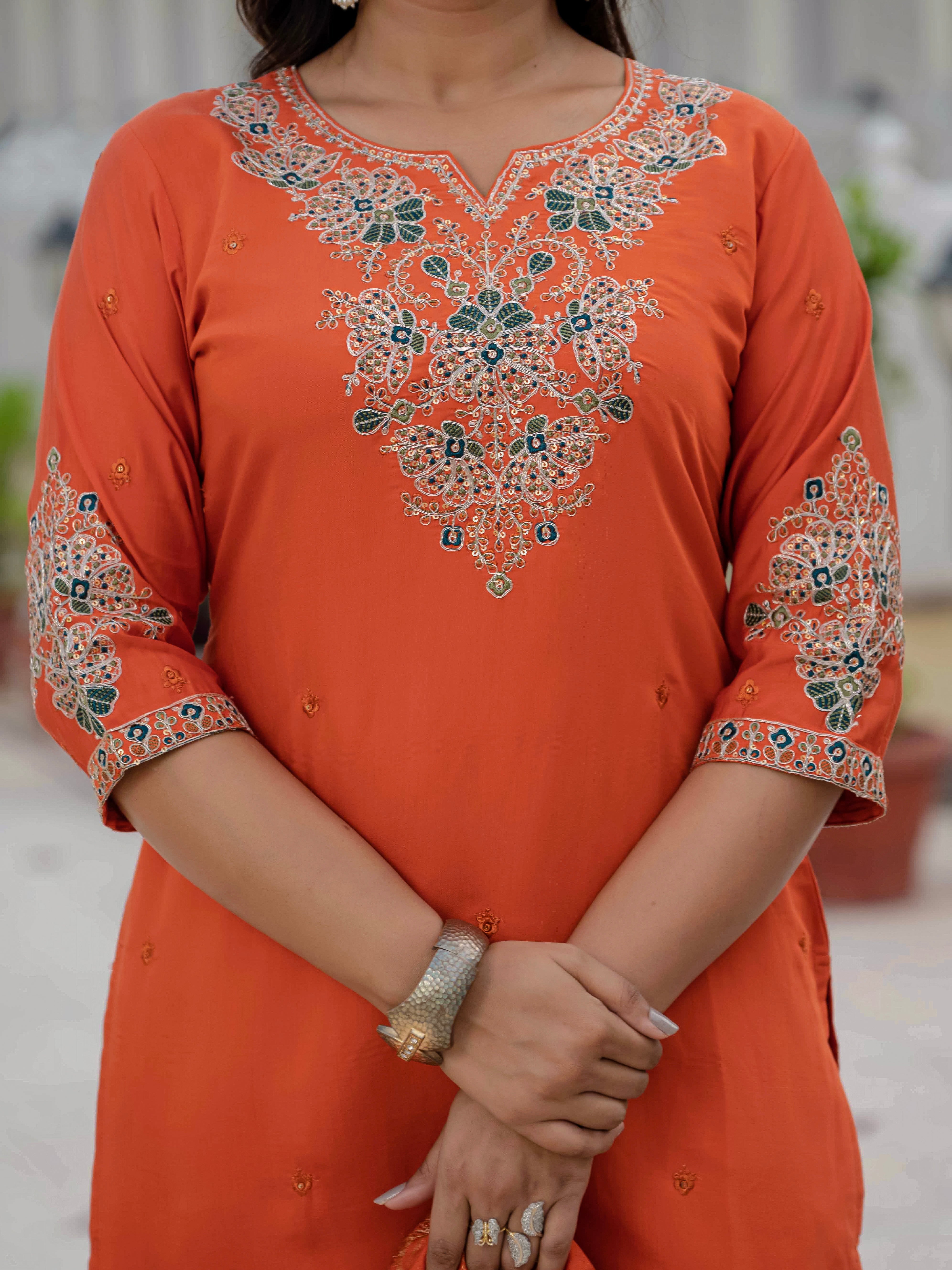 Hanch Premium Roman Silk Embroidered Straight Kurti Set – Orange