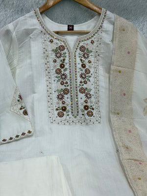 Hanch Pure Viscose Mango Silk Embroidered Straight Kurti Set – White
