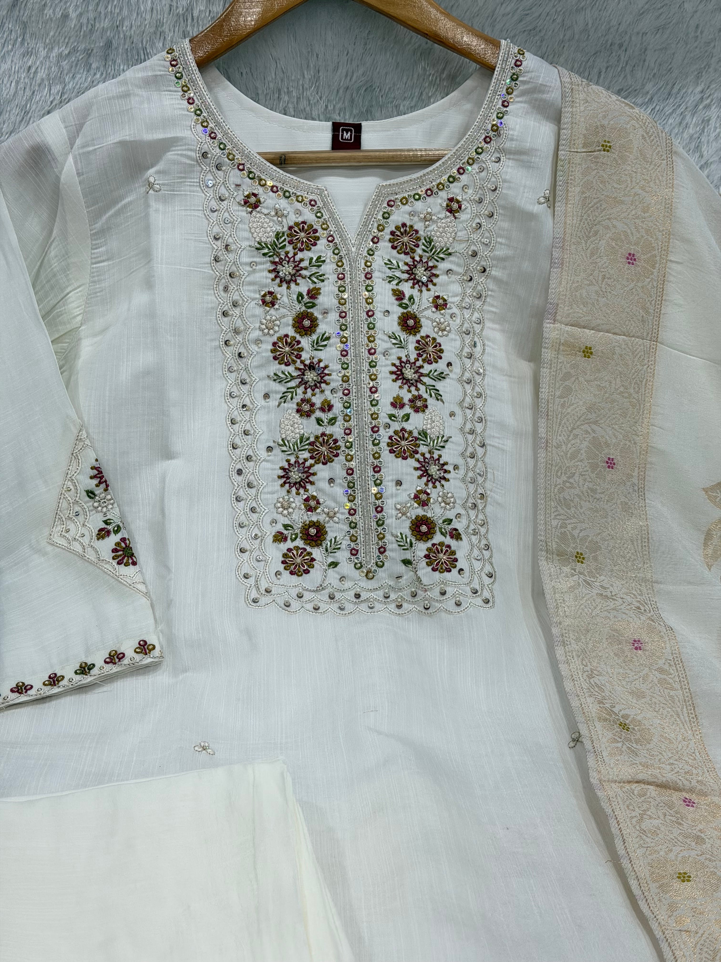 Hanch Pure Viscose Mango Silk Embroidered Straight Kurti Set – White