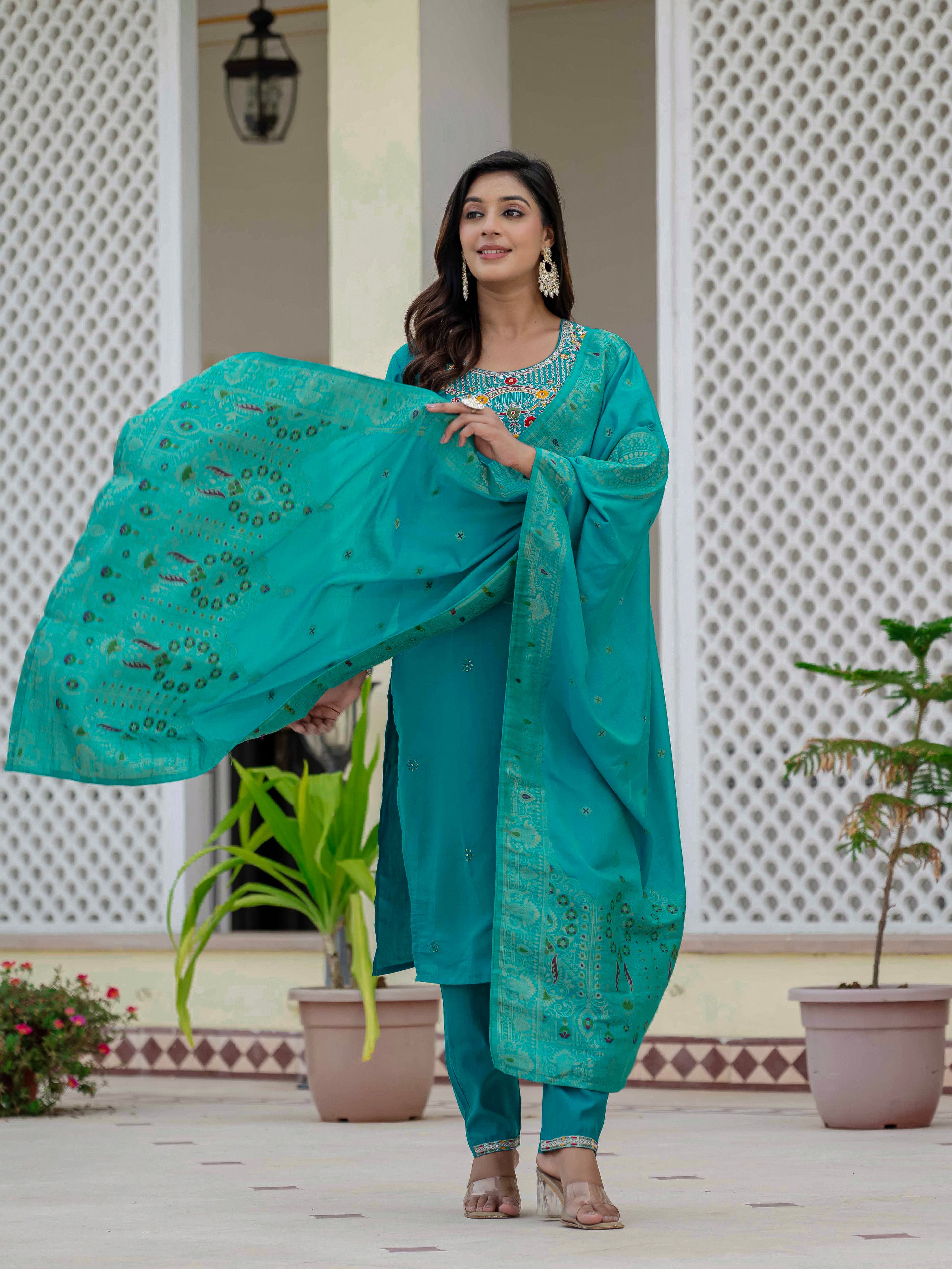 Hanch Premium Roman Silk Embroidered Straight Kurti Set – Firozi