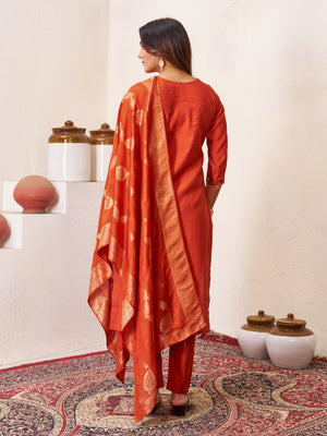 Hanch Roman Silk Embroidered Straight Kurti Set – Rust
