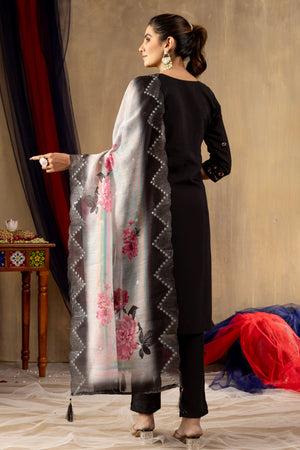 Hanch Roman Silk Embroidered Straight Kurti Set – Black