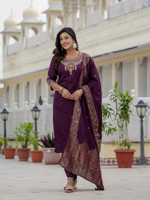 Hanch Premium Roman Silk Embroidered Straight Kurti Set – Wine