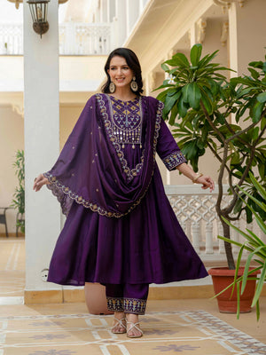 Hanch Viscose Roman Silk Embroidered Anarkali Kurti Set – Purple
