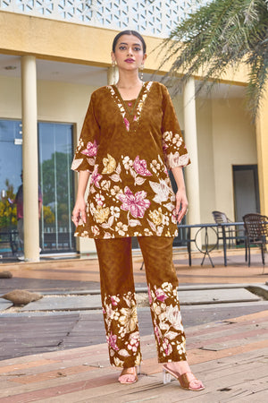 Hanch Pure Cotton Printed Co-Ords Set – Orange Brown