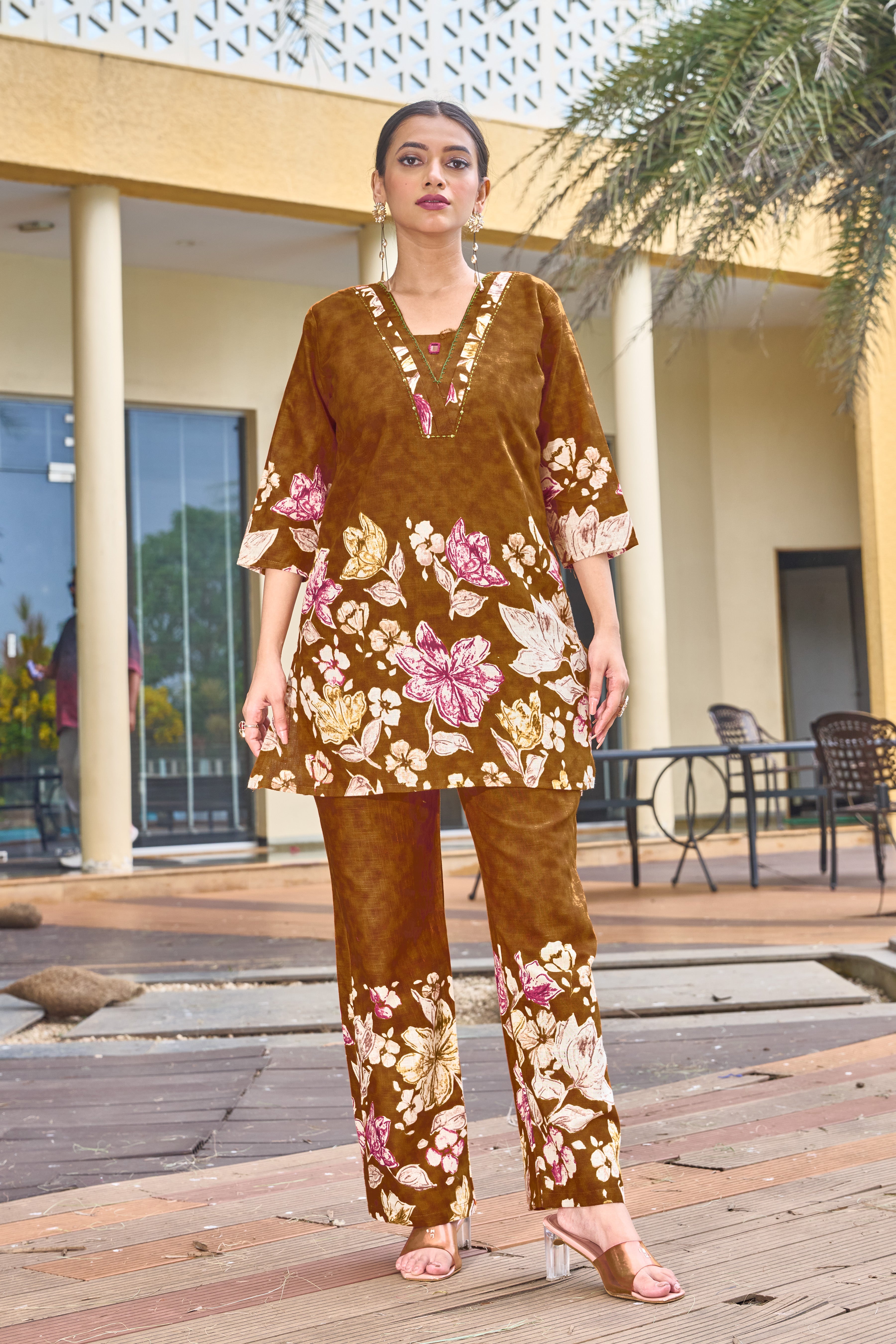 Hanch Pure Cotton Printed Co-Ords Set – Orange Brown