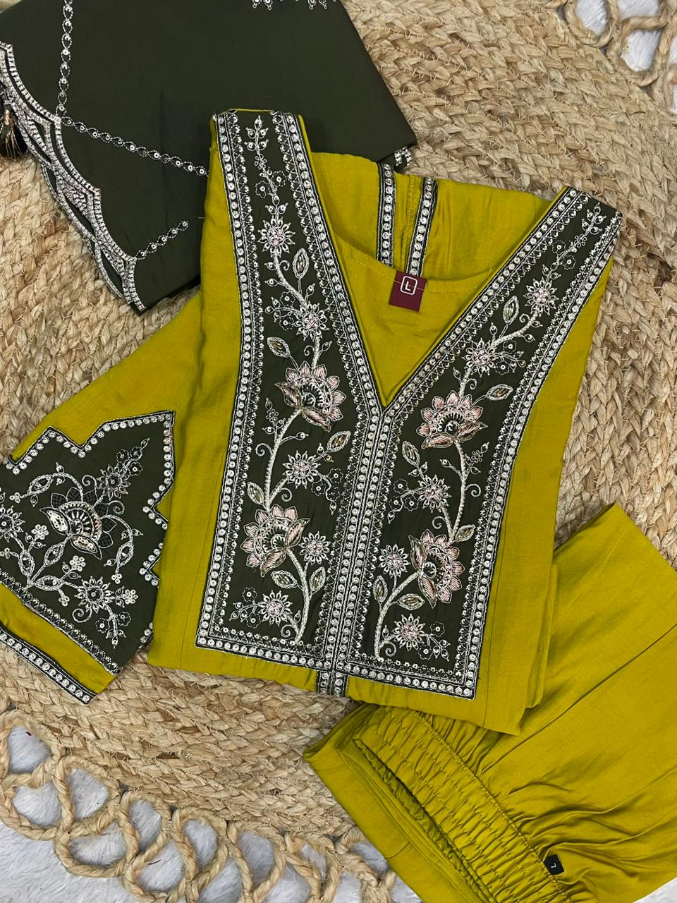 Hanch Roman Silk Embroidered Anarkali Kurti Set – Mustard
