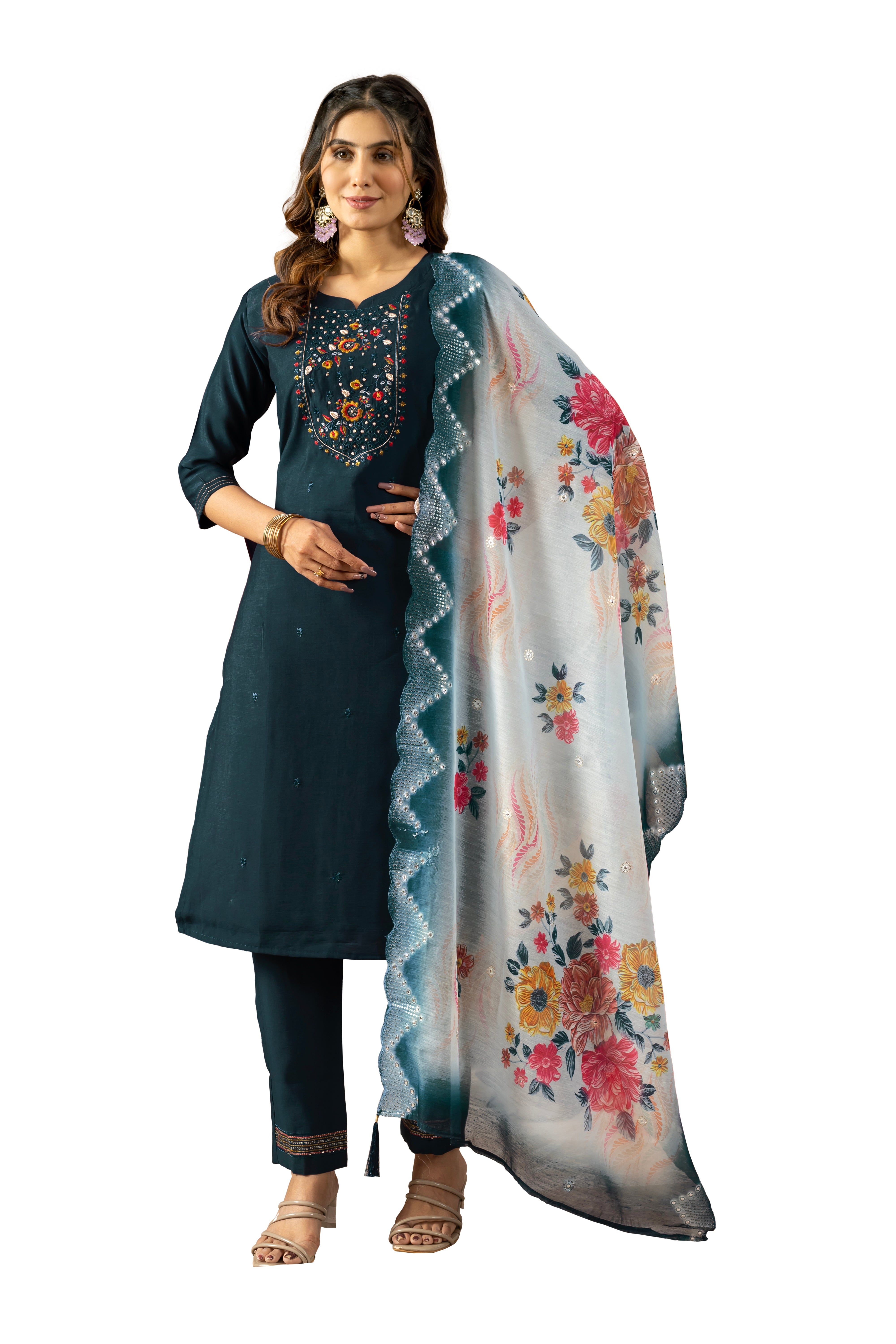 Hanch Viscose Mango Silk Embroidered Straight Kurti Set – Navy Blue