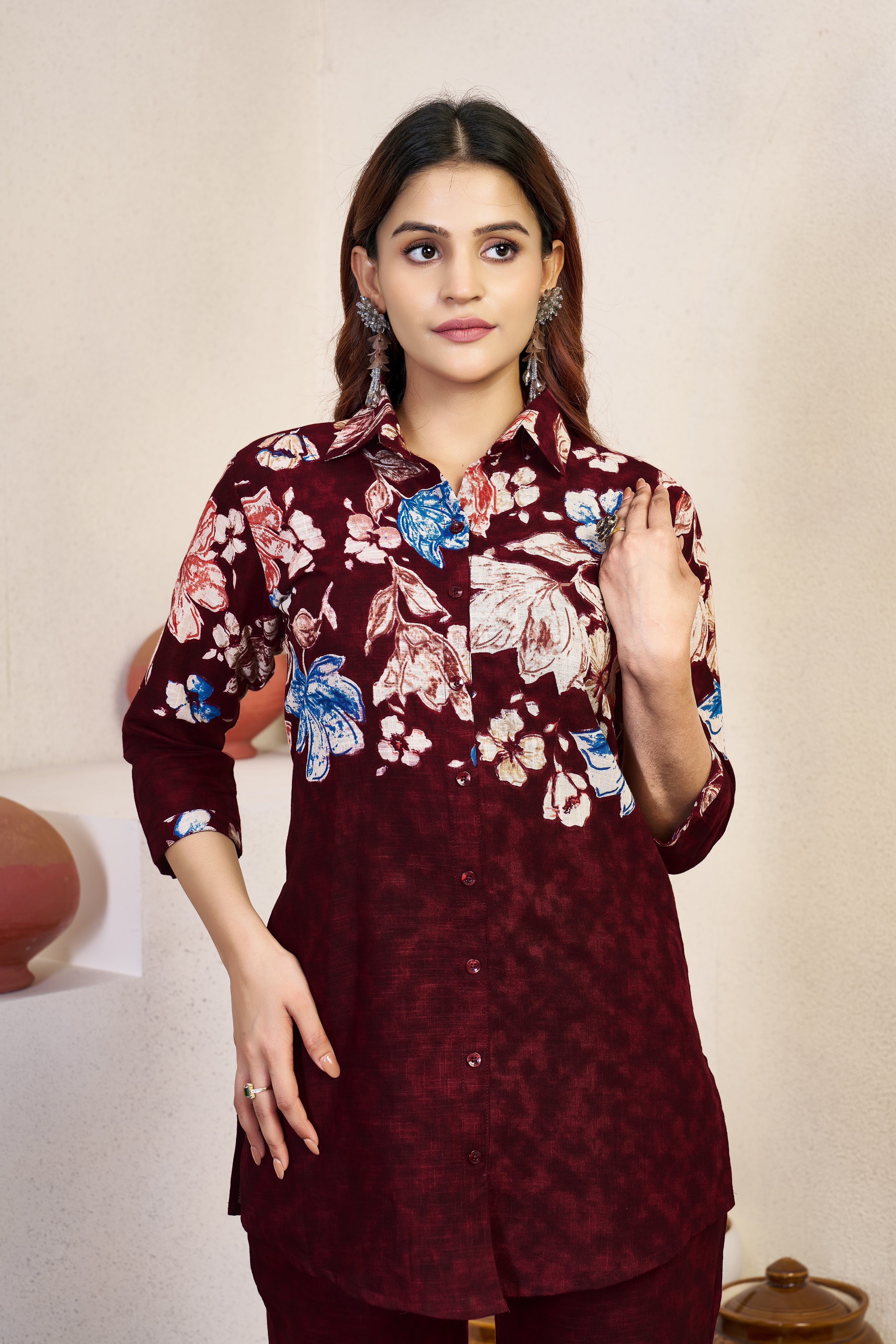 Hanch Pure Cotton Printed Co-Ords Set – Maroon