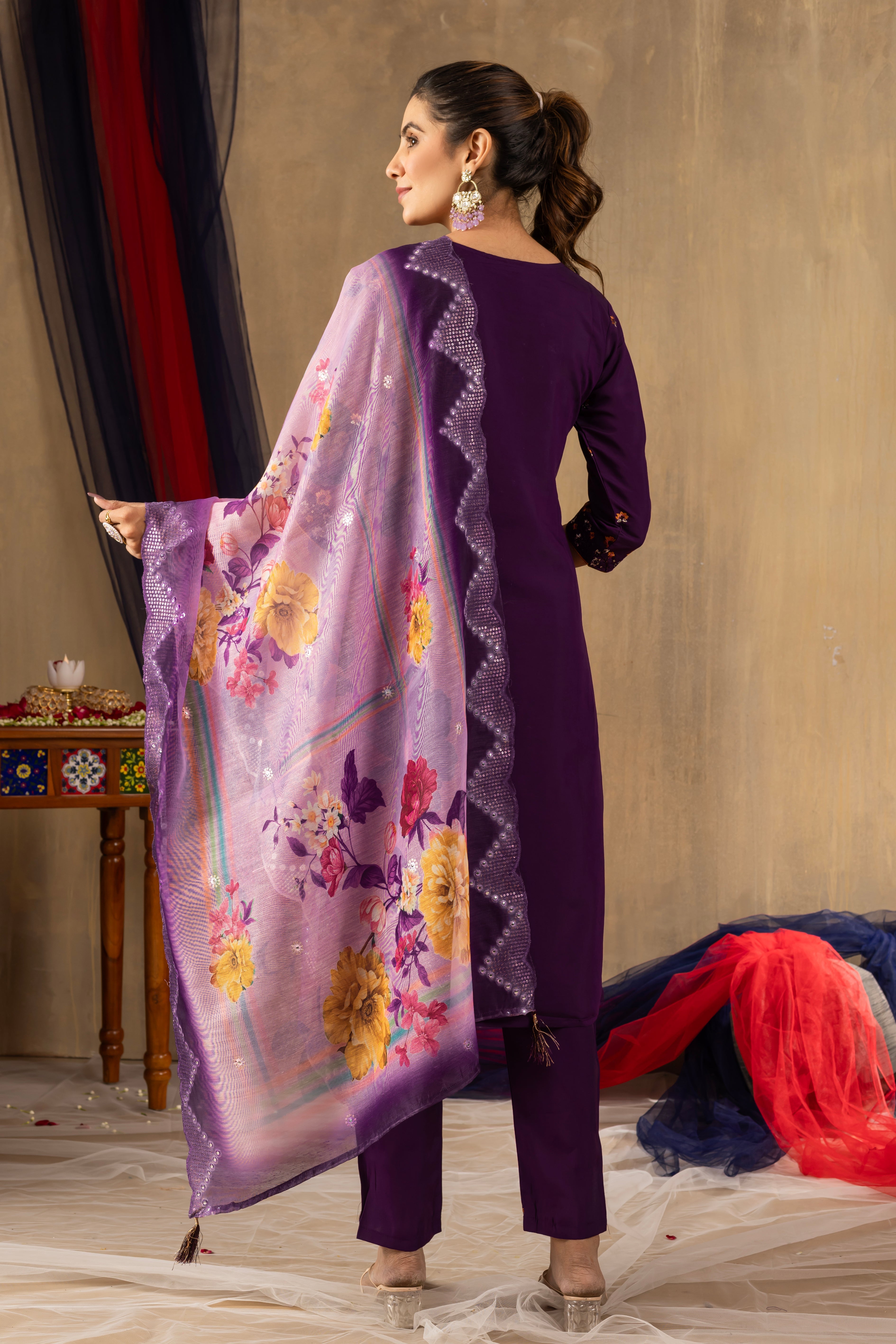 Hanch Roman Silk Embroidered Straight Kurti Set – Purple
