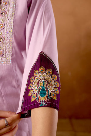 Hanch Roman Silk Embroidered Anarkali Kurti Set – Light Lovender