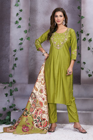 Hanch Premium Marina Silk Embroidered Straight Kurti Set – Parrot Green