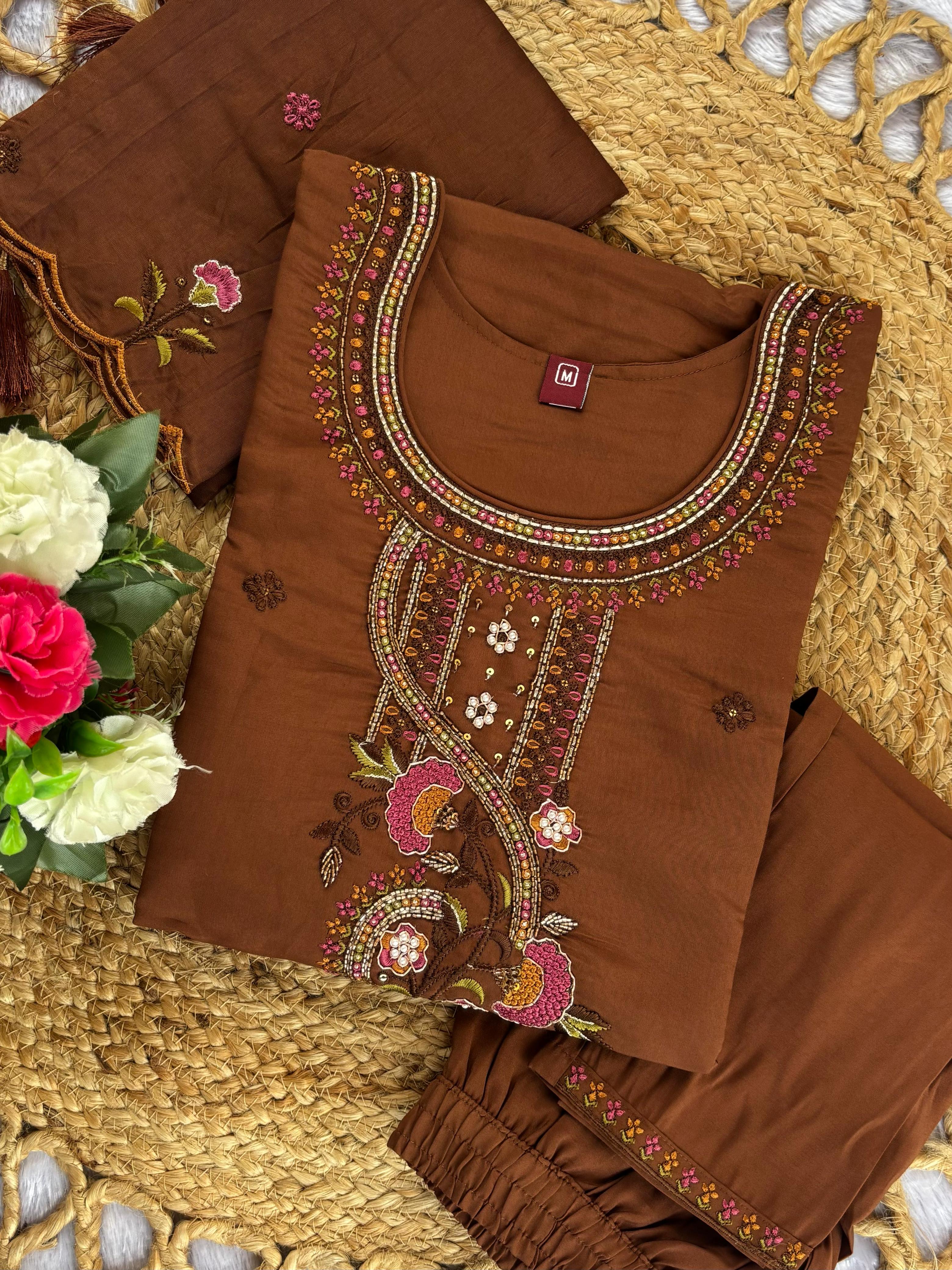 Hanch Roman Silk Embroidered Straight Kurti Set – Brown