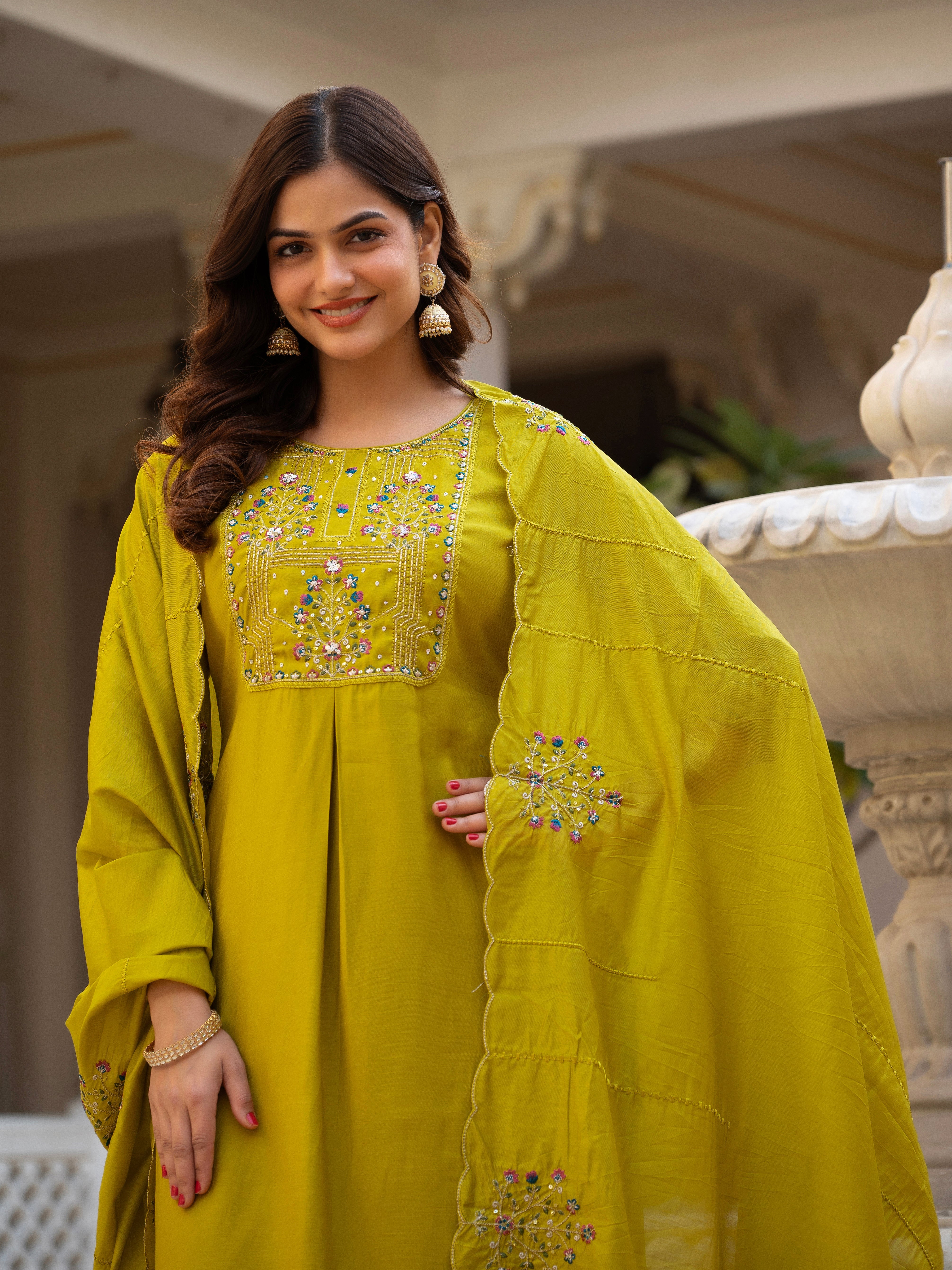 Hanch Pure Viscose Mango Silk Embroidered Straight Kurti Set – Yellow