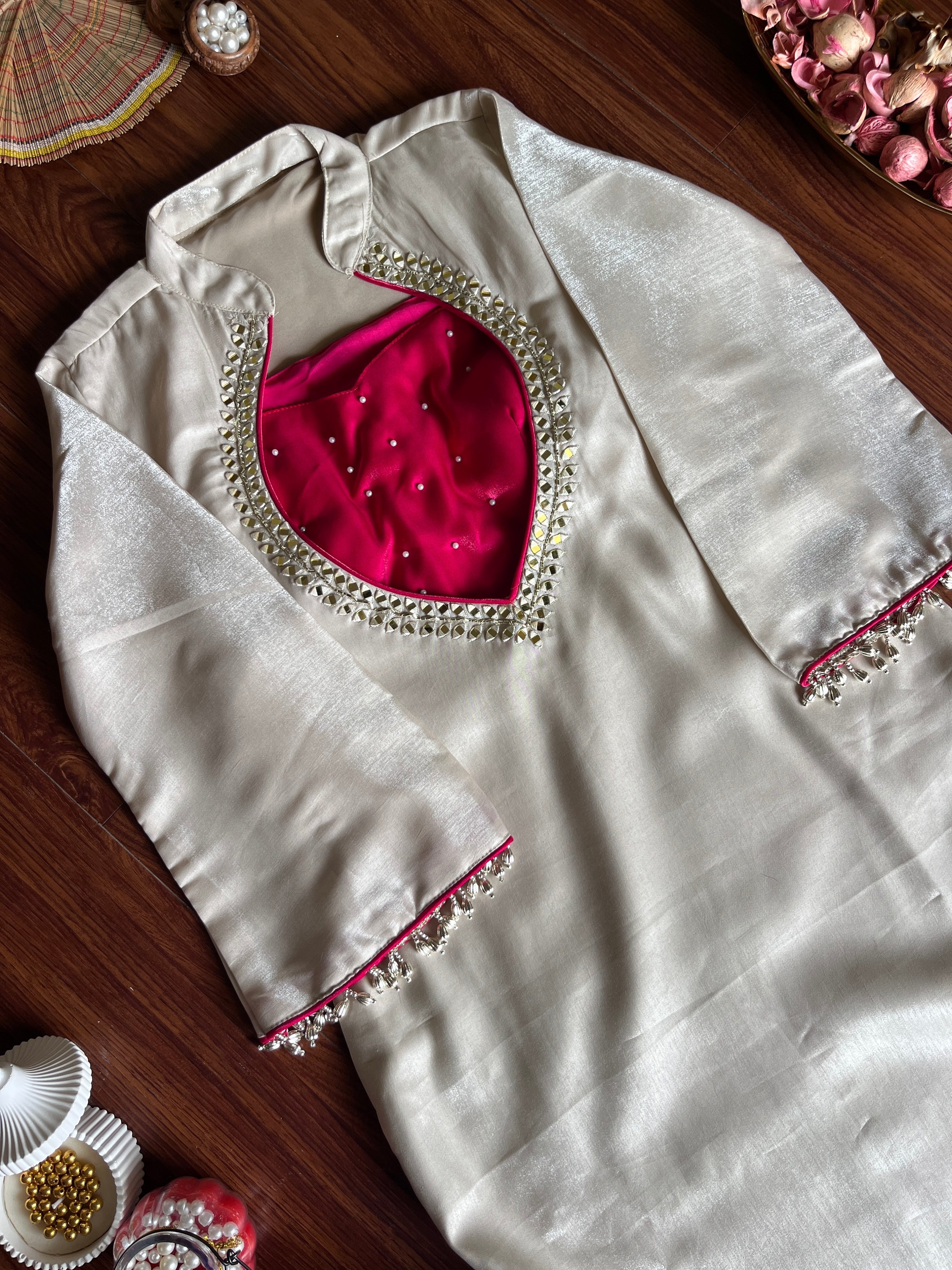 Hanch Roman Glass Silk Embroidered Kurti + Blouse + Palazzo Set – Ivory & Rani Pink