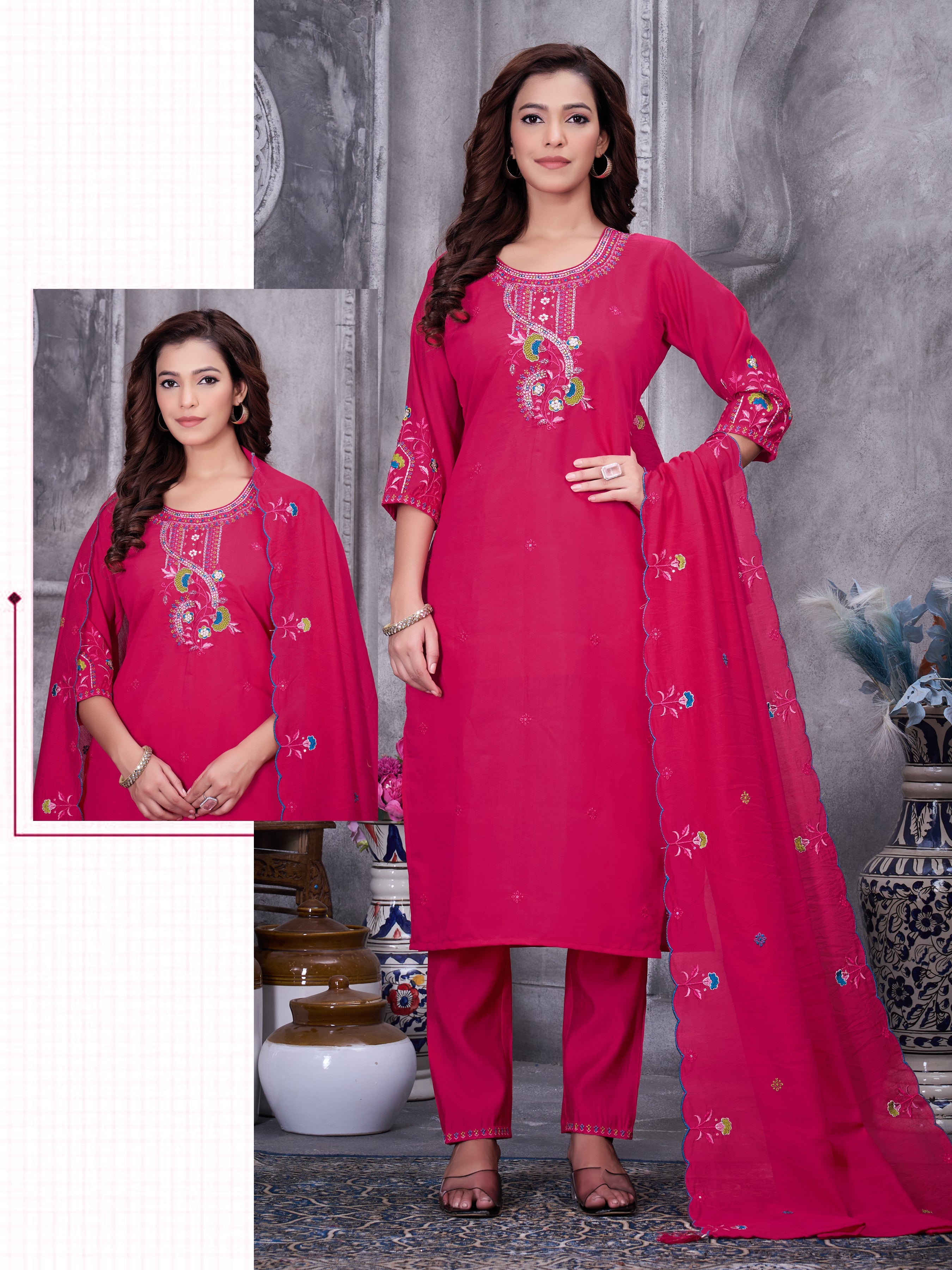 Hanch Roman Silk Embroidered Straight Kurti Set – Red