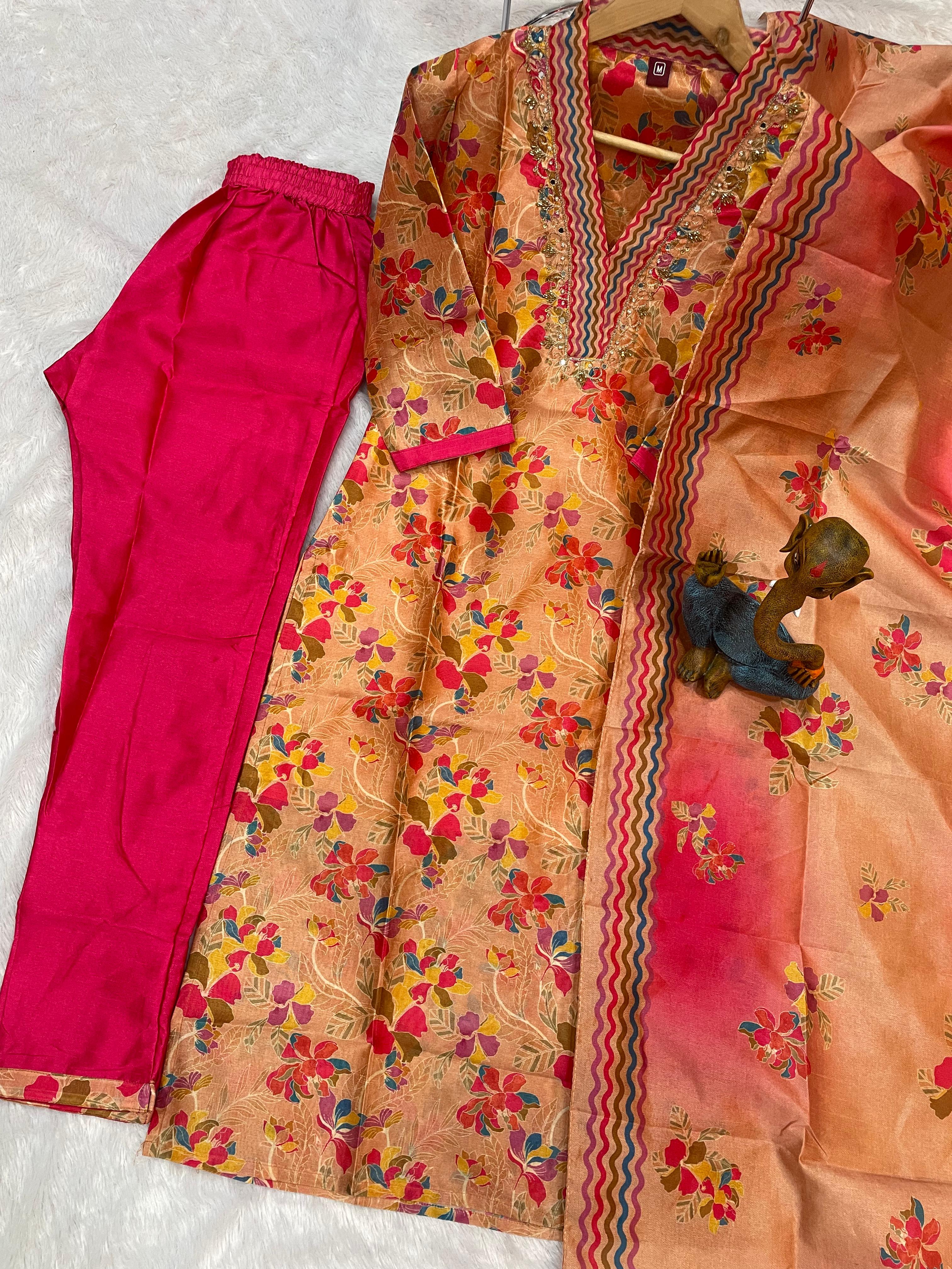 Hanch Zarna Silk Embroidered Straight Kurti Set – Peach Pink