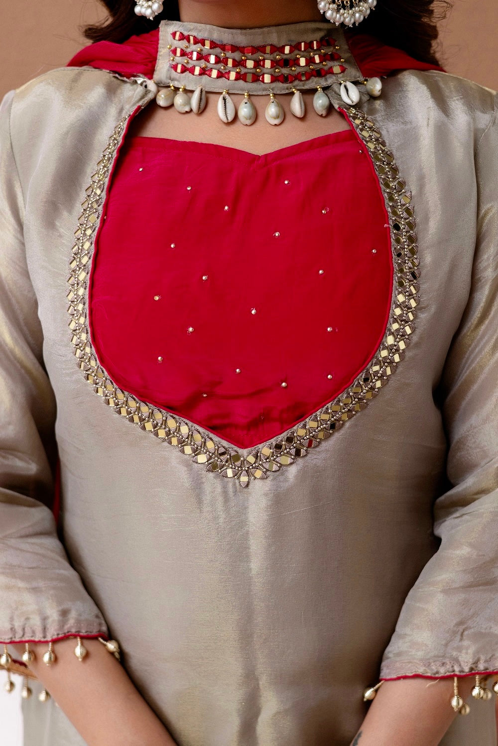 Hanch Roman Glass Silk Embroidered Kurti + Blouse + Palazzo Set – Ivory & Rani Pink