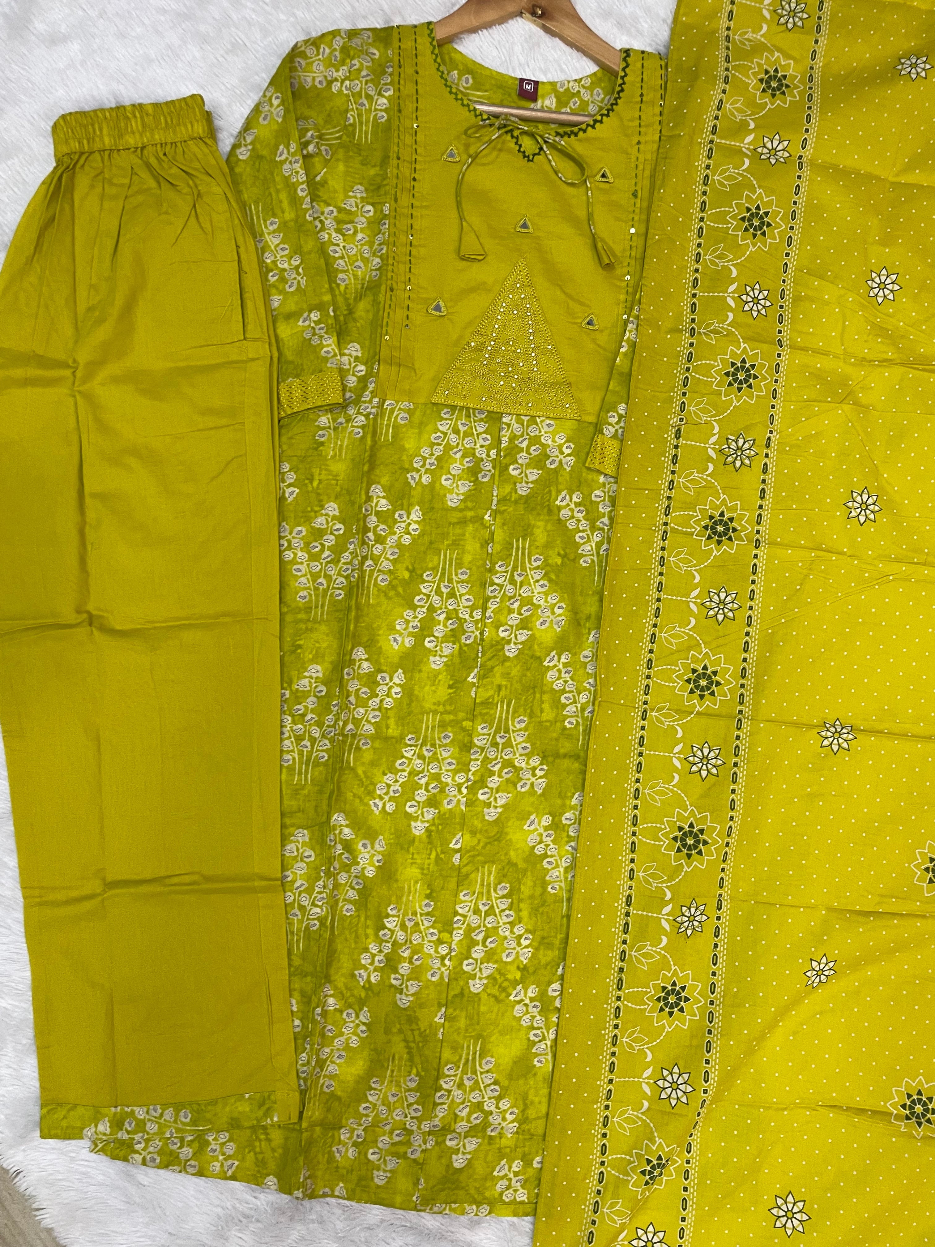Hanch Pure Cotton Embroidered Straight Kurti Set – Yellow Green